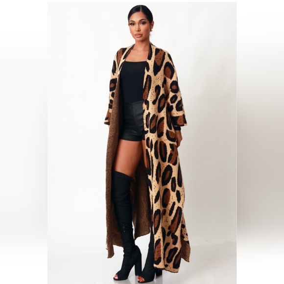 Long Leopard Print Duster Cardigan – Open Front, Cozy Knit